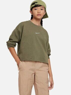 Nike Sportswear Big Kids Girls' Dri-FIT Crew-Neck Sweatshirt (Medium Olive) XS